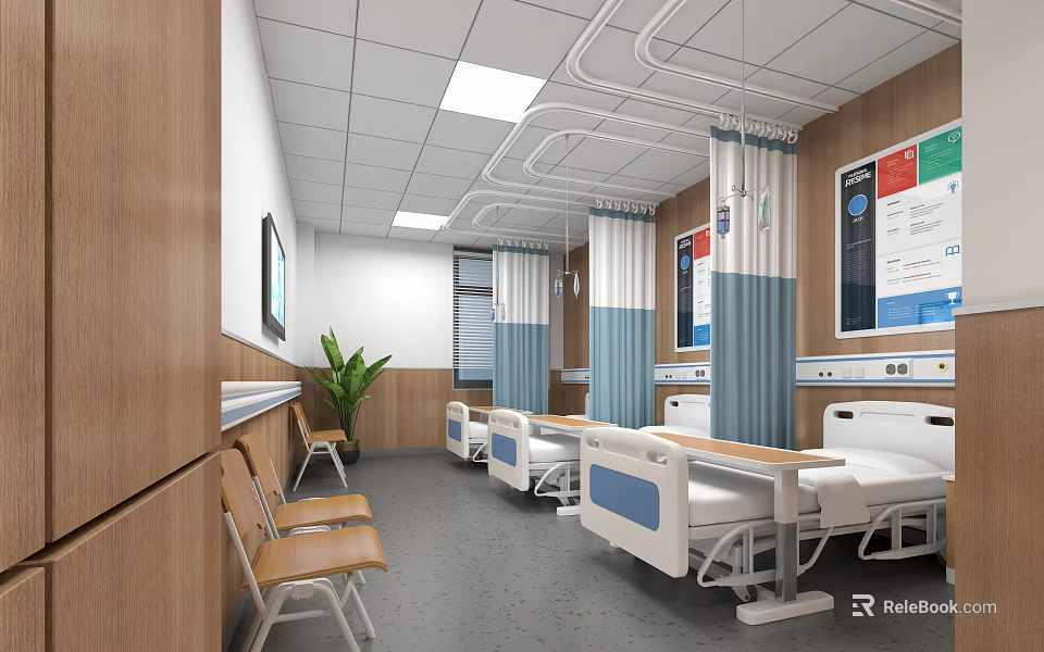 Modern Hospital Ward Interior With Beds Chairs Plant And Digital Screens 3d model 