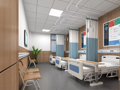 Modern Hospital Ward Interior With Beds Chairs Plant And Digital Screens 3d model