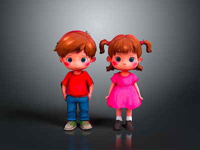 Cute Children Dolls Boy In Red Shirt Blue Pants And Girl In Pink Dress 3d model