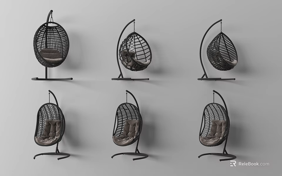 Elegant Garden Decor Rattan Hanging Chairs With Black Frame For Outdoor Relaxation Seating 3d model 