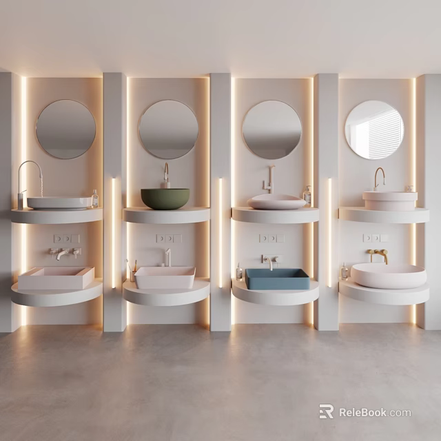 Row of Modern Washbasins With Round Mirrors And Colorful Styles In Bright Lighting 3d model 