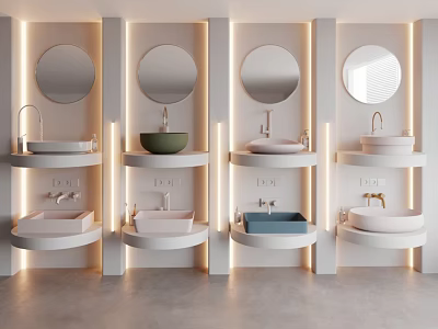Row of Modern Washbasins With Round Mirrors And Colorful Styles In Bright Lighting 3d model
