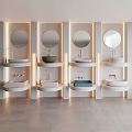 Row of Modern Washbasins With Round Mirrors And Colorful Styles In Bright Lighting