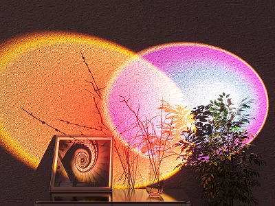 Colorful Light Projections With Spiral Photo Frame And Green Plants On Dark Wall Decor 3d model