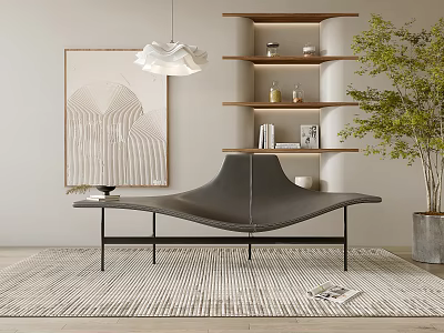 Sleek Black Modern Leisure Chair In Minimalist Interior With Bookshelf Plant Pendant Light And Artwork 3d model