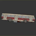 Vintage White Red Bus Model With Worn Rustic Overhead Trolley Wires On Reflective Surface