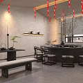 Chinese Style Private Dining Room Interior With Round Table Chairs And Calligraphy Scrolls 3d model
