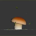 Adorable Mushroom with Smiling Face Sitting on Colorful Vegetable Crumbs and Falling Green Leaves