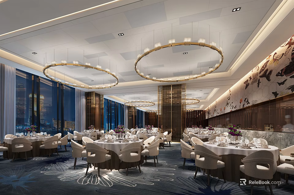 Modern Banquet Hall Interior With Round Chandeliers Dining Tables Large Windows And Wall Art 3d model 