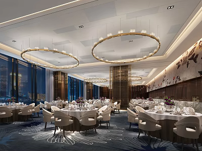 Modern Banquet Hall Interior With Round Chandeliers Dining Tables Large Windows And Wall Art 3d model