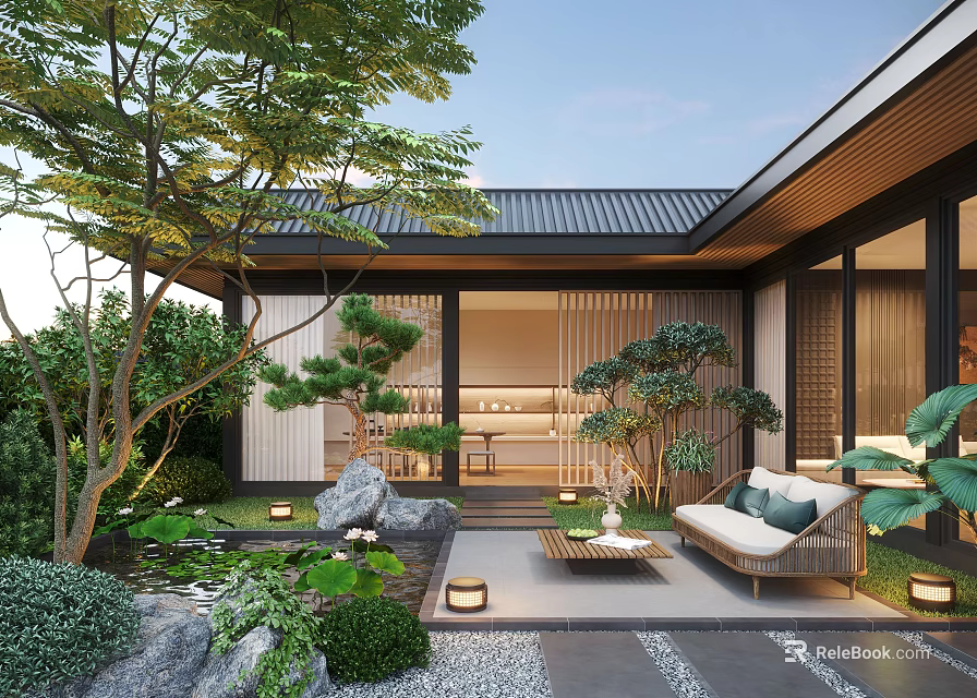 Japanese Style Courtyard Garden With Wooden Structure Stone Pond Green Plants And Outdoor Seating 3d model 