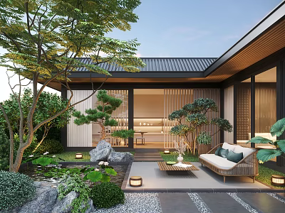 Japanese Style Courtyard Garden With Wooden Structure Stone Pond Green Plants And Outdoor Seating 3d model