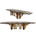 Modern Console Table Design With Layered Wooden Glass Structure And Geometric Supports