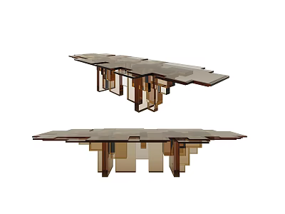 Modern Console Table Design With Layered Wooden Glass Structure And Geometric Supports 3d model