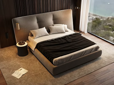 Double Bed Light Gray Headboard Two Pillows Black Blanket Wooden Wall Large Window Sea View 3d model
