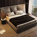 Double Bed Light Gray Headboard Two Pillows Black Blanket Wooden Wall Large Window Sea View