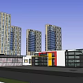 Modern Urban Commercial Complex With Glass Facade Retail consistent And Surrounding High Rise Buildings
