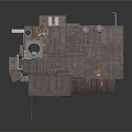Industrial Ruined Building Structure With Rusty Metal Roof Concrete Wall And Mechanical Parts