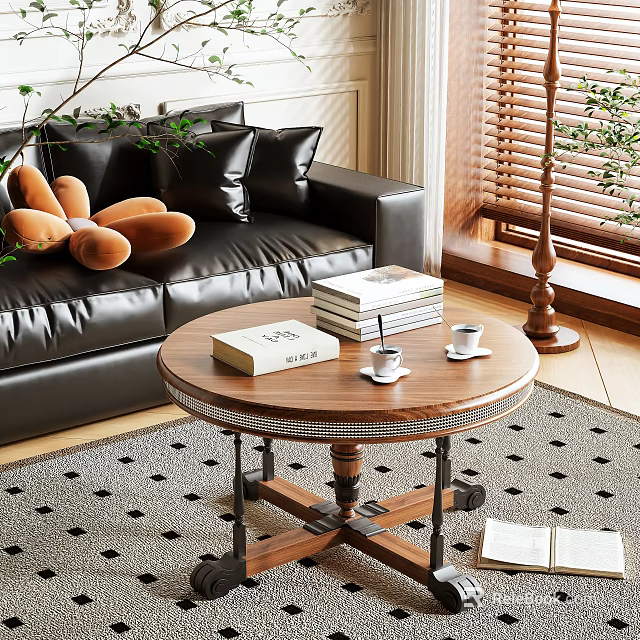 Round Wooden Coffee Table With Books Coffee Cups On Geometric Rug Near Sofa 3d model 