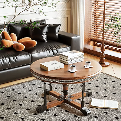Round Wooden Coffee Table With Books Coffee Cups On Geometric Rug Near Sofa 3d model