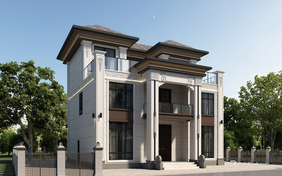Two Story Detached Villa With White Exterior Dark Roof Decorative Columns And Balconies 3d model 
