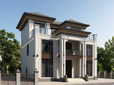 Two Story Detached Villa With White Exterior Dark Roof Decorative Columns And Balconies 3d model