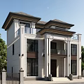 Two Story Detached Villa With White Exterior Dark Roof Decorative Columns And Balconies