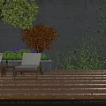 Cozy Courtyard Garden Featuring Wooden Deck White Lounge Chairs And Ivy Covered Stone Wall