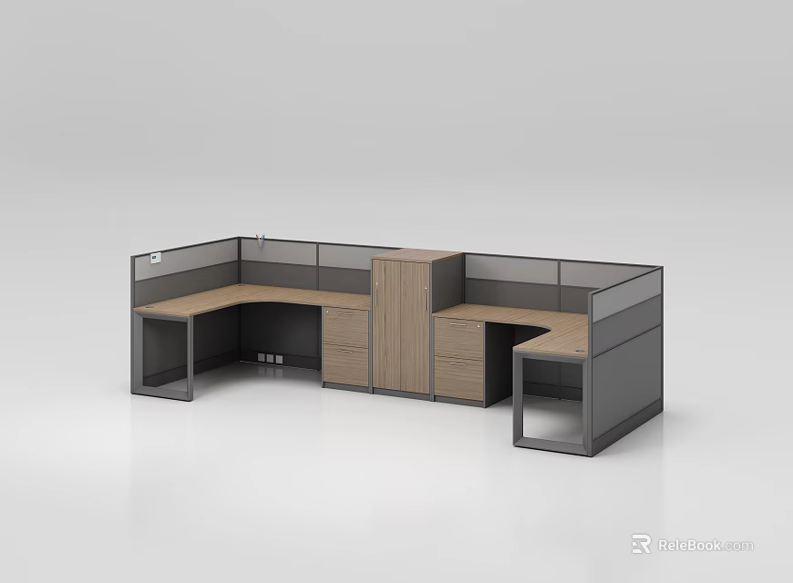 Modern L shaped Office Desk With Dividers Drawers And Wooden Cabinets 3d model 