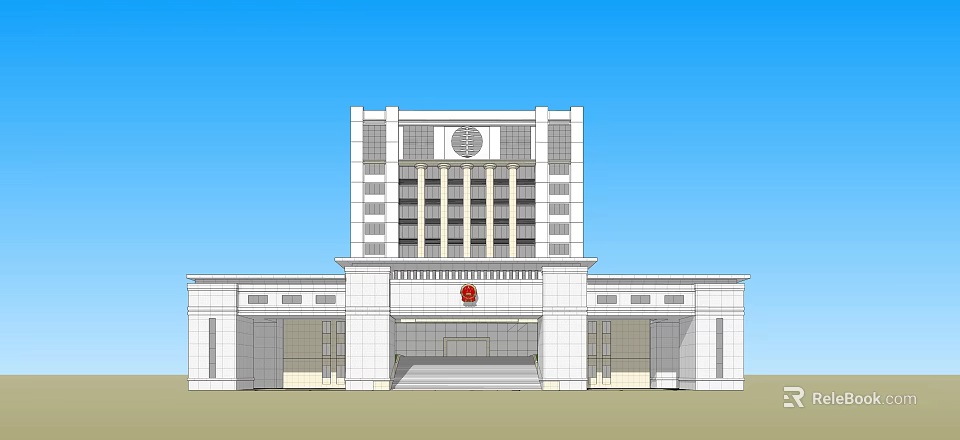 Symmetrical Government Building Featuring White Exterior Central Circular Emblem And Red Badge 3d model 