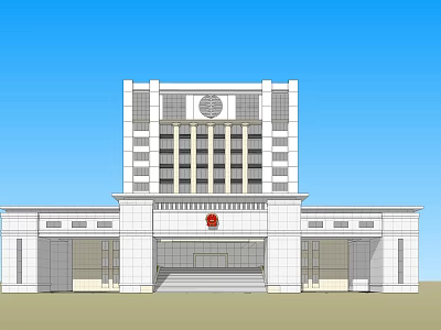 Symmetrical Government Building Featuring White Exterior Central Circular Emblem And Red Badge 3d model