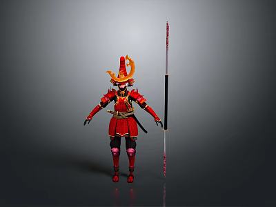 Warrior Figure in Red Armor with Flame Decorated Helmet Holding Long Sword with Red Blade 3d model
