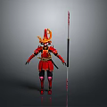 Warrior Figure in Red Armor with Flame Decorated Helmet Holding Long Sword with Red Blade