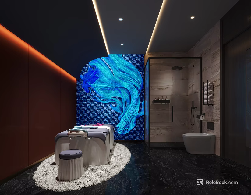 Luxury SPA Sauna Interior With Massage Beds Blue Artistic Wall And Shower Facilities 3d model 