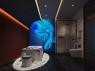 Luxury SPA Sauna Interior With Massage Beds Blue Artistic Wall And Shower Facilities 3d model