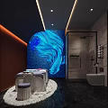 Luxury SPA Sauna Interior With Massage Beds Blue Artistic Wall And Shower Facilities