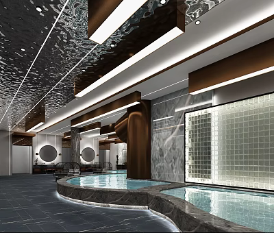 Modern SPA Sauna Space With Plunge Pools And Stylish Ceiling Lights 3d model