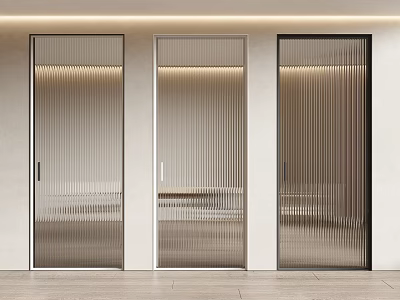 Modern Interior Swing Doors With Vertical Striped Glass And Metal Frames 3d model