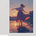Anime Portrait of Dancing Woman in Kimono at Sunset with Water Reflection and Petals