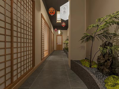Traditional Japanese Hotel Corridor With Wooden Lattice Doors Paper Lanterns And Palm Plant 3d model