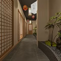 Traditional Japanese Hotel Corridor With Wooden Lattice Doors Paper Lanterns And Palm Plant