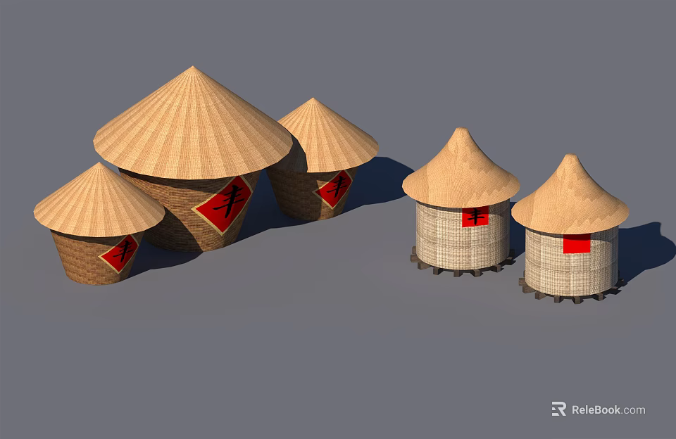 Traditional Woven Conical Top Decorative Crafts With Red Emblems And Ethnic Style 3d model 