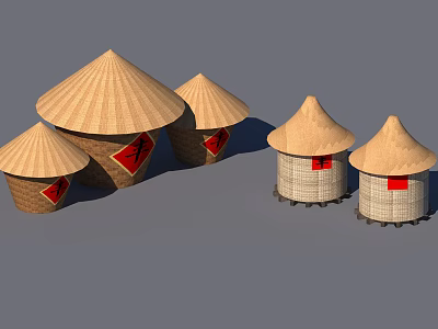 Traditional Woven Conical Top Decorative Crafts With Red Emblems And Ethnic Style 3d model