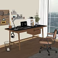 Modern Wooden Desk And Brown Office Chair Set With Laptop Lamp Stationery And City View