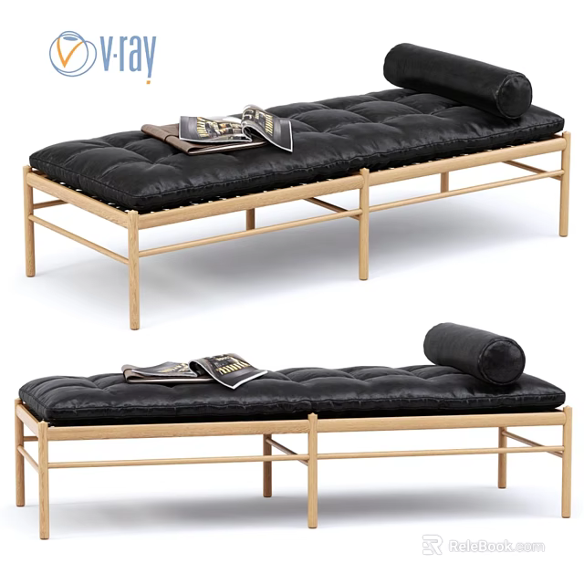 Stylish Sofa Bench With Black Leather Cushion Golden Metal Frame Roll Pillow And Magazines 3d model 