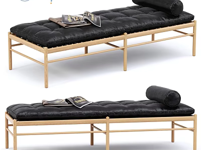 Stylish Sofa Bench With Black Leather Cushion Golden Metal Frame Roll Pillow And Magazines 3d model