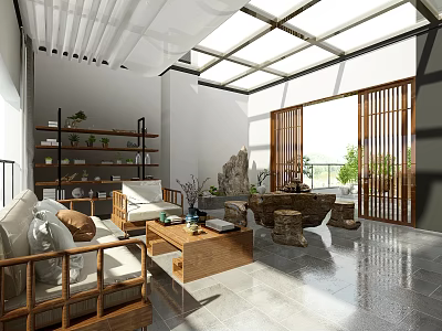 Villa Balcony With Chinese Style Wooden Furniture Green Plants Bookshelf And Natural Light 3d model