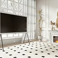 Modern TV in White Room with Snowy Window Curtains Plant Fireplace and Checkered Rug