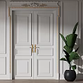Elegant White Double Doors with Golden Handles Wall Paneling and Green Plant in Black Pot