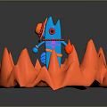 Blue Game Movie Character With Red Eyes And Orange Accessory In Red Flame Like Surroundings